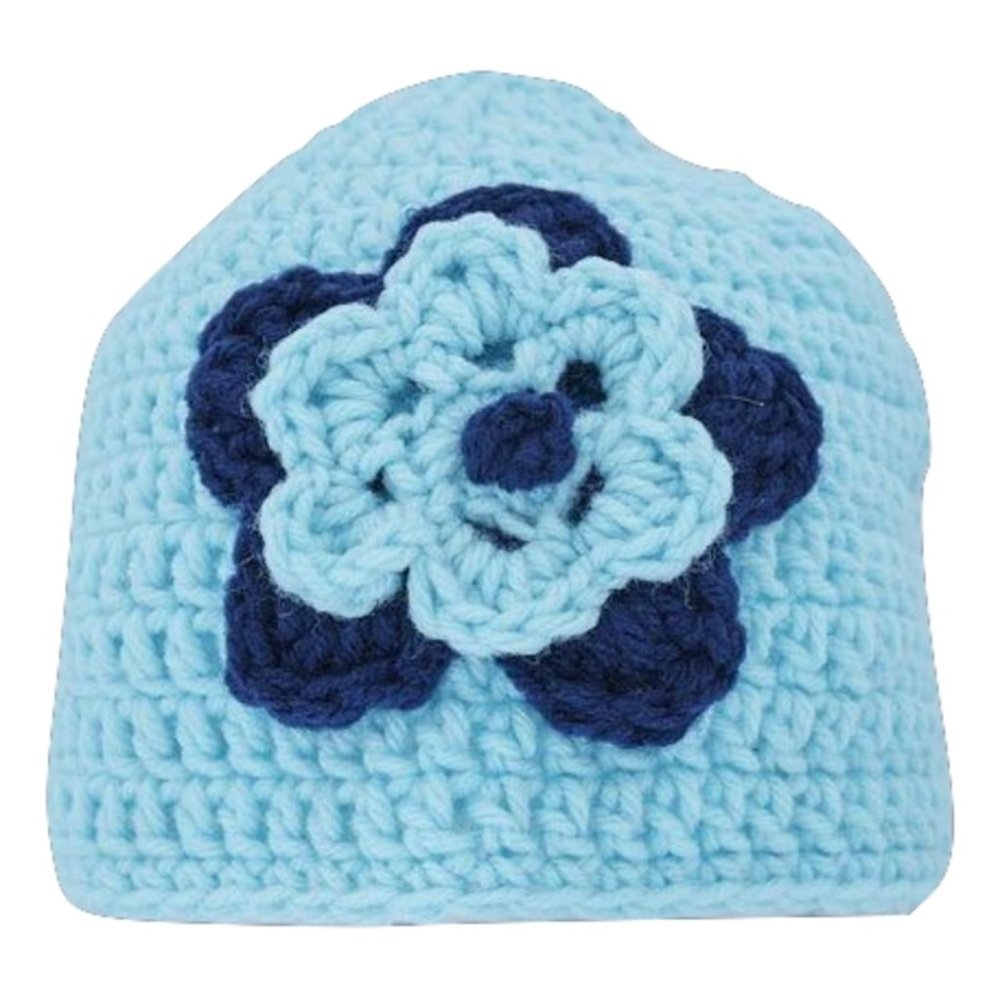 Women’s Homemade Hand Crocheted Light Blue & Nay Blue Flower Beanie Winter Hat